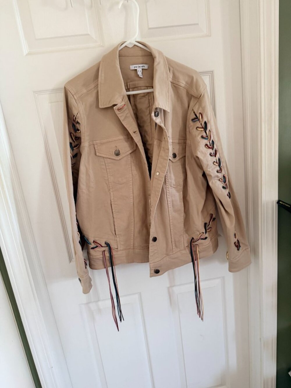 Peace Love World Beige Denim Jacket With Multicolor Lace-Up Detail Size XL Butto